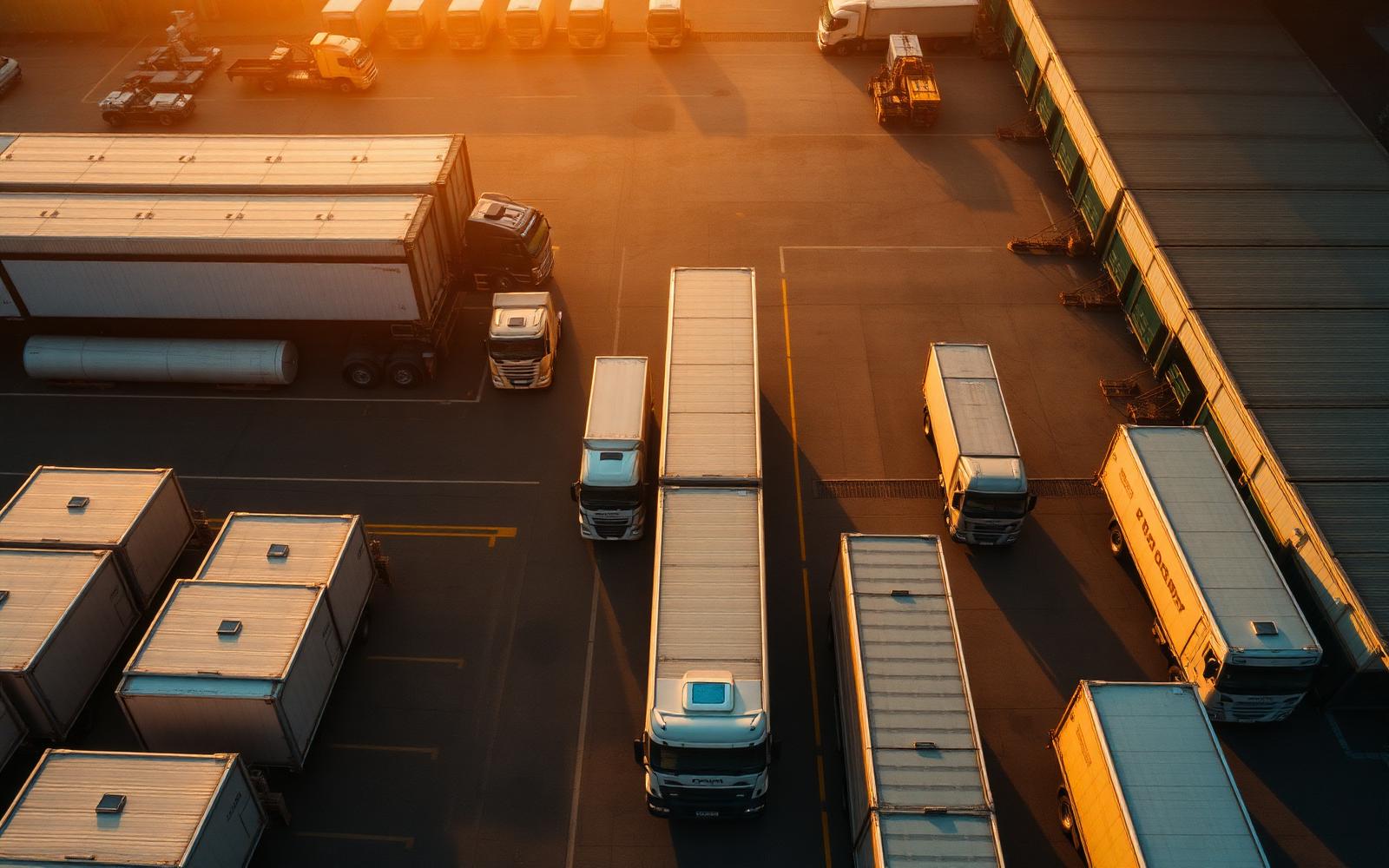 Aerial view of freight trucks at a logistics distribution center