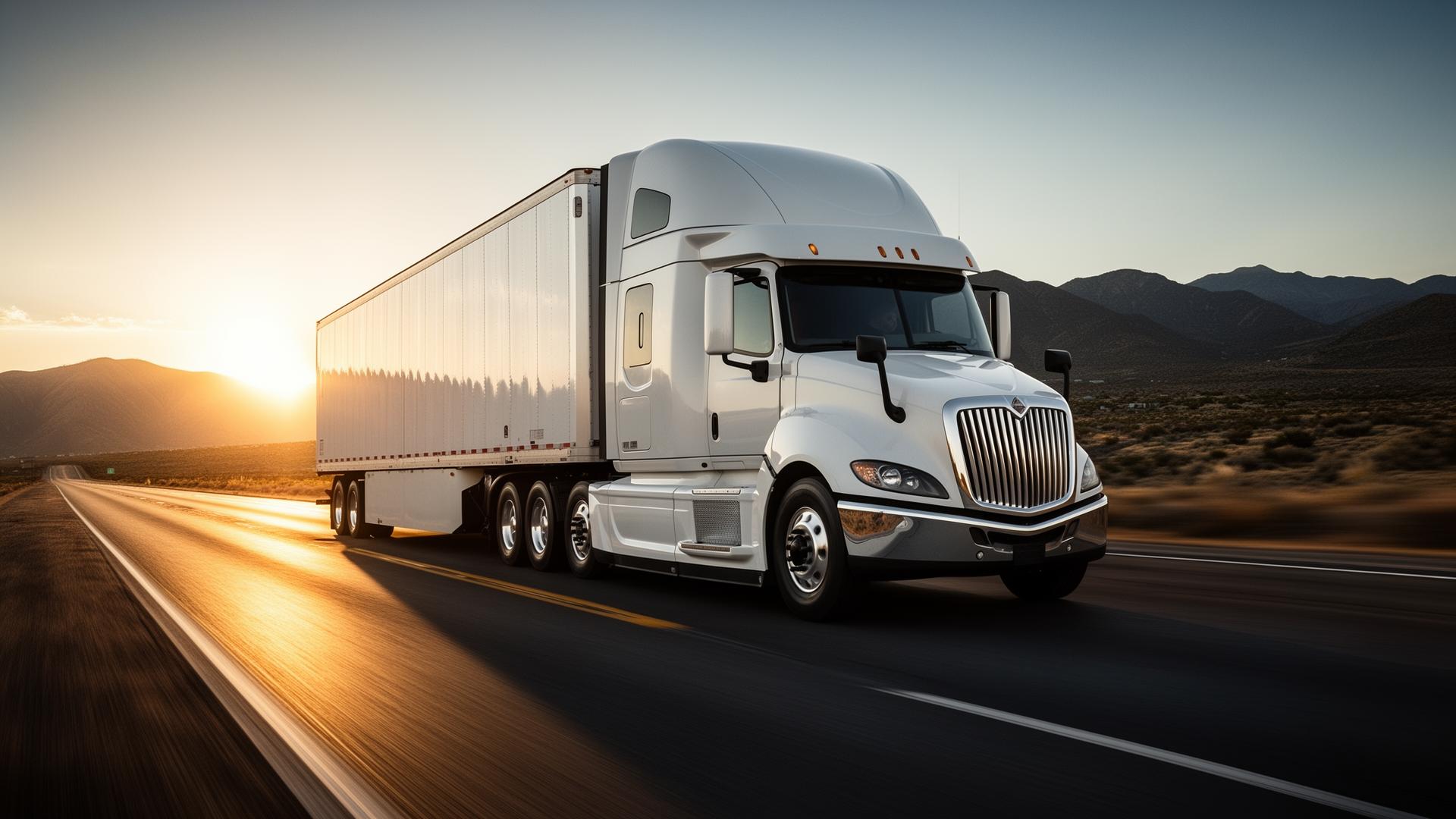 White semi-truck on an open highway at sunset