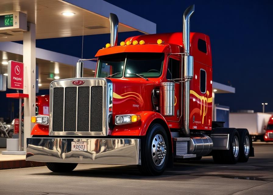 Red Areo Peterbilt semi-truck at fuel stop