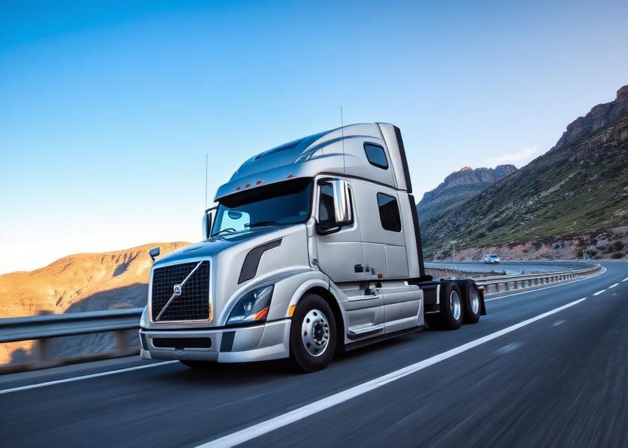 Silver Areo Volvo semi-truck on mountain route
