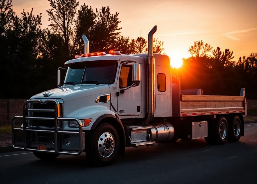 White Areo flatbed truck at sunset